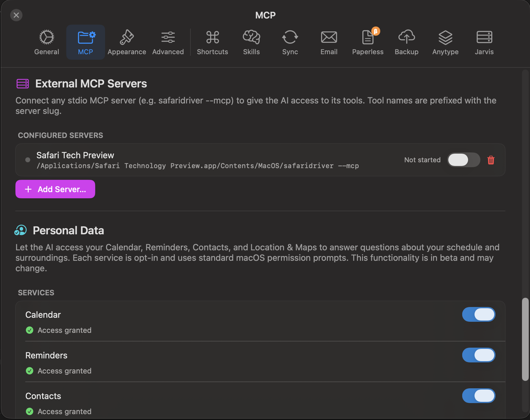 MCP Settings — External Servers & Personal Data